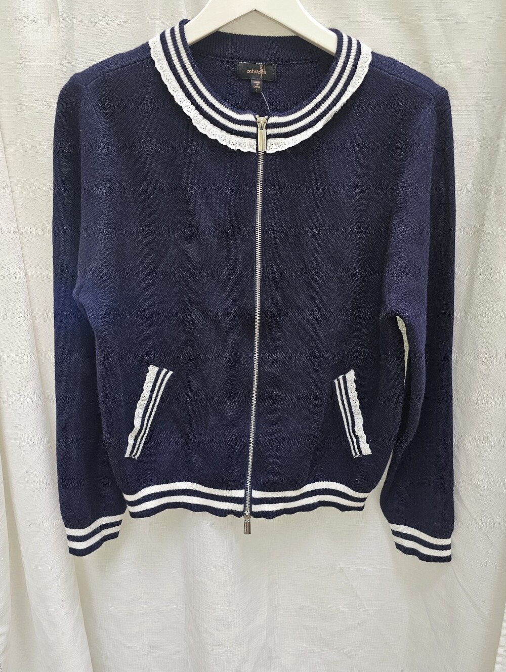 Ontwelfth Navy Blue Full Zip Sweater Jacket Lace Trim Collar Women's Size Large